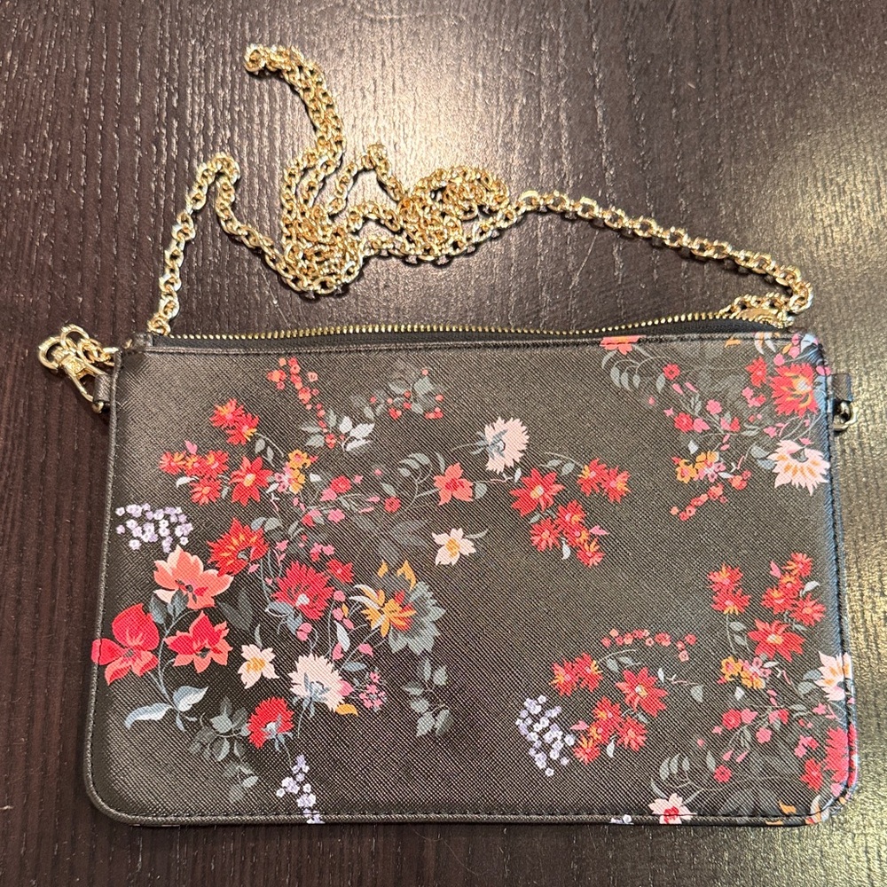 LOFT Floral Chain Clutch/Crossbody Bag - Black with Red Floral Print